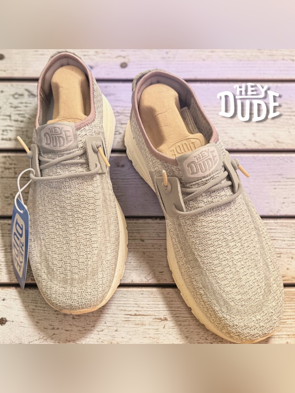 Hey Dude Knit Slip-On Sneakers in Light Gray and Blush Trim - Picture 3 of 11